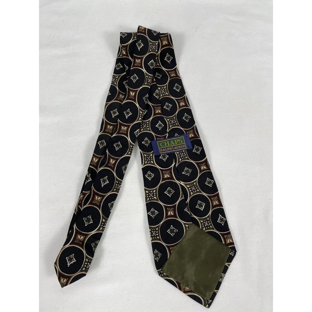 Chaps Ralph Lauren Men's Black Geometric Pattern Silk Necktie Classic Wide